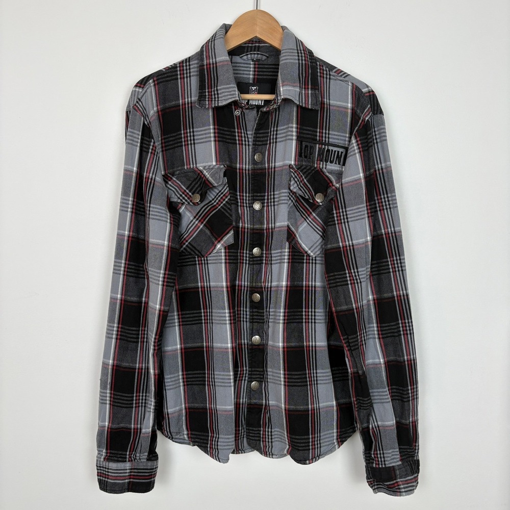 Top Mount Mens Full Zip Snap Grappler Flannel Shirt Size L Black Red Plaid Biker
